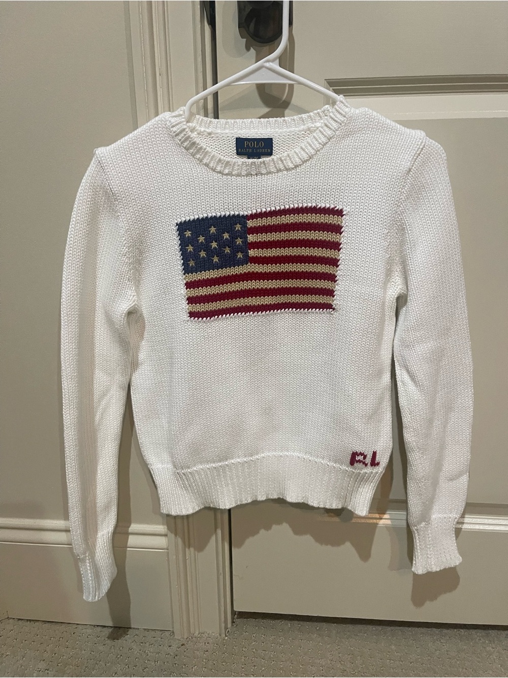 Polo by Ralph Lauren White Crewneck Sweater with USA Flag Motif kids size 16